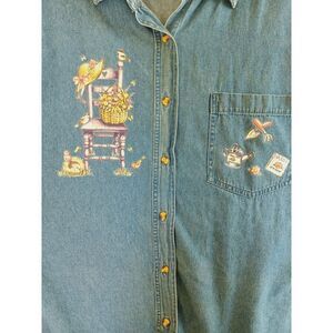 Ptny Denim Shirt 3X‎ Bird Floral Garden Artsy Short Sleeve Cottagecore Applique